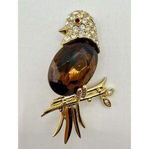 Vintage Joan Rivers Rhinestone & Faux Smoky Topaz Faceted Glass Goldtone Brooch
